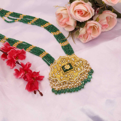 Shahi Partash Work Polki & Emerald Long Necklace