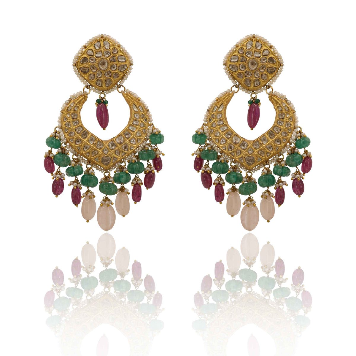Polki & Multi-Gemstone Chandbali Drop Earrings