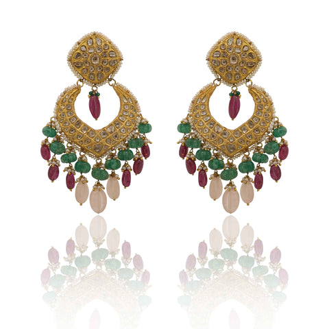 Polki & Multi-Gemstone Chandbali Drop Earrings