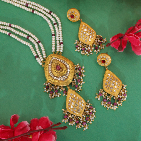 Exquisite Handcrafted Gold Polki Diamond & Natural Ruby Pearl String Necklace Set