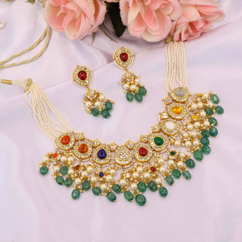 Gold Studded Polki Diamond and Nine Gemstone Chandelier Necklace Set
