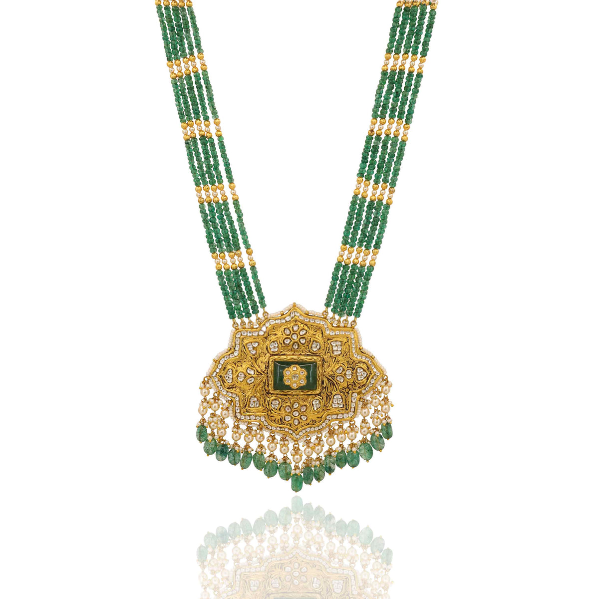Shahi Partash Work Polki & Emerald Long Necklace