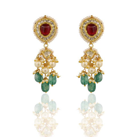 Gold Studded Polki Diamond and Nine Gemstone Chandelier Necklace Set