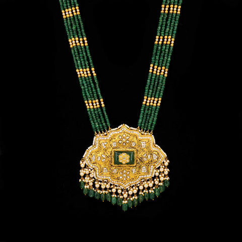 Shahi Partash Work Polki & Emerald Long Necklace
