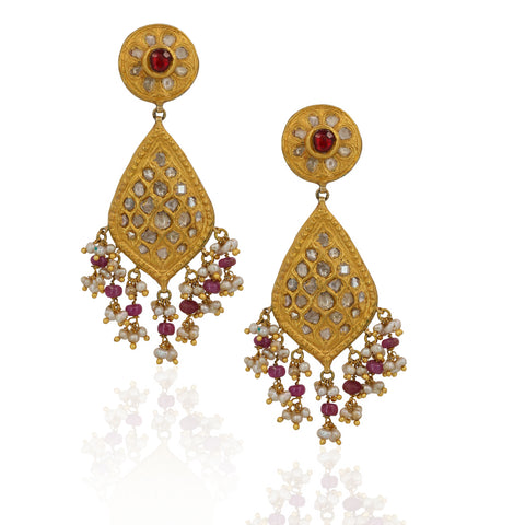 Exquisite Handcrafted Gold Polki Diamond & Natural Ruby Pearl String Necklace Set