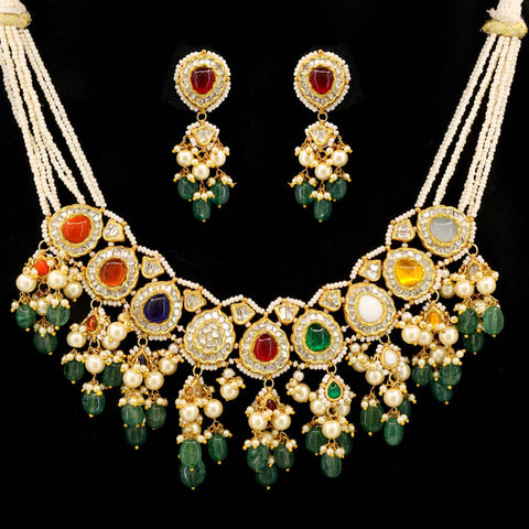 Gold Studded Polki Diamond and Nine Gemstone Chandelier Necklace Set