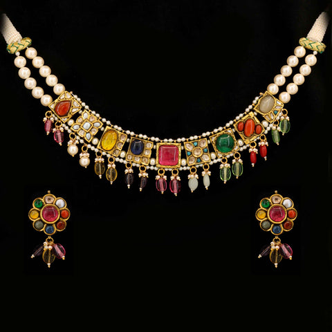 Navratna Mohini Gold Chocker Necklace Set