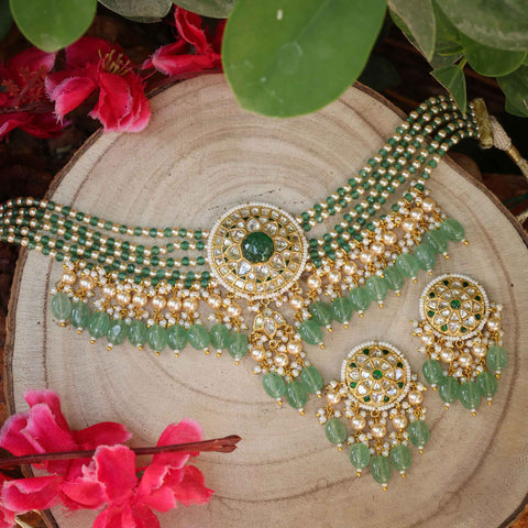 Gold Syndicate Polki & Emerald Choker Set with Pearl Accents