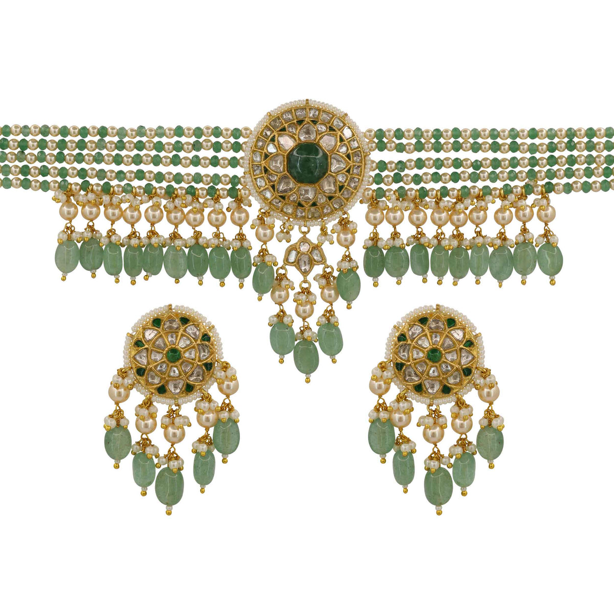 Gold Syndicate Polki & Emerald Choker Set with Pearl Accents