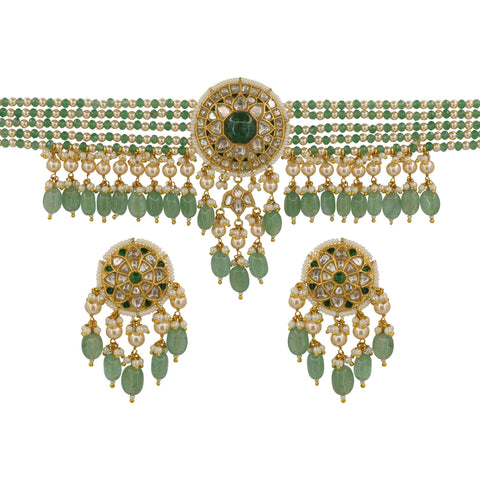 Gold Syndicate Polki & Emerald Choker Set with Pearl Accents