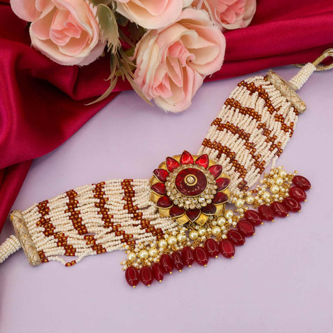 Floral Polki and Ruby Choker with Pearls