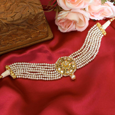Polki and Pearl Choker with Gold Chitai Work Necklace( 91.6 Hallmark)