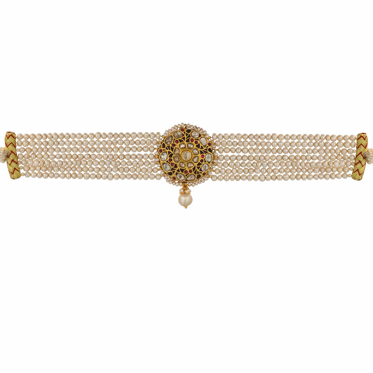 Polki and Pearl Choker with Gold Chitai Work Necklace( 91.6 Hallmark)