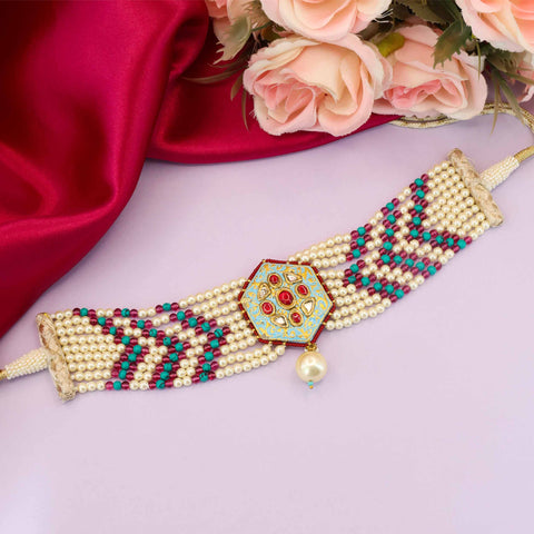 Gold Polki and Ruby Choker with Enamel and Pearl Necklace