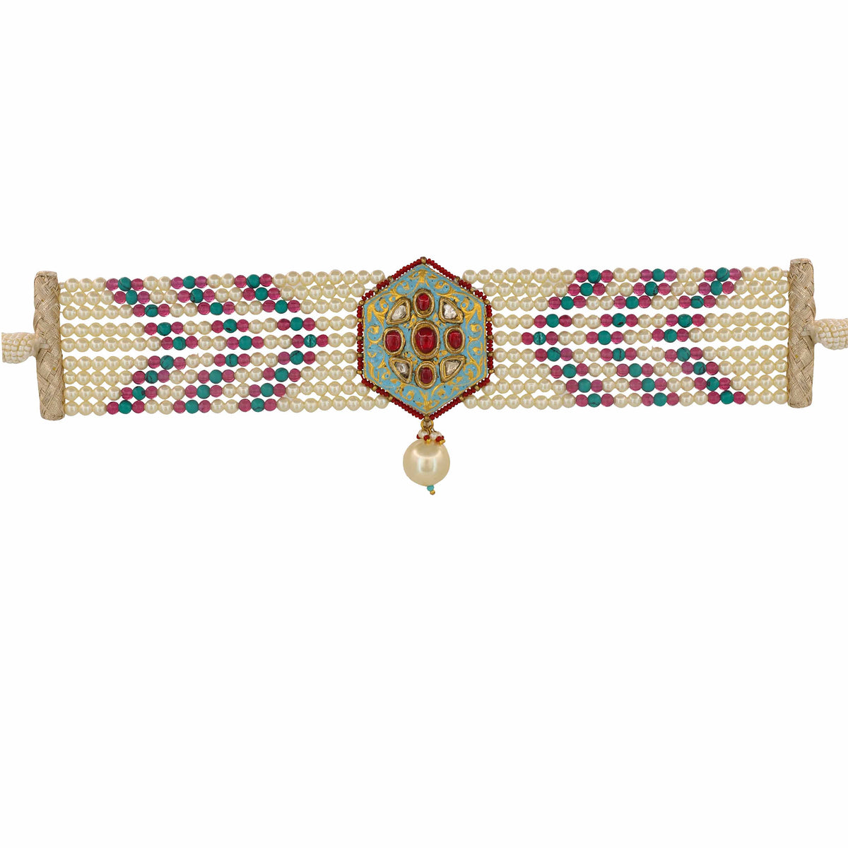 Gold Polki and Ruby Choker with Enamel and Pearl Necklace