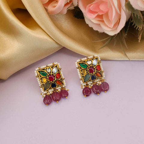 Navratna and Ruby Gold Earrings