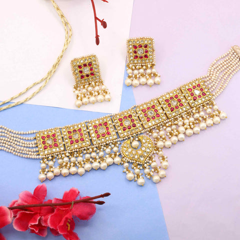 Red Grace Bridal Polki Choker Necklace Set (91.6 Hallmark)