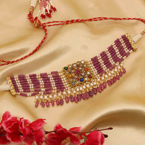 Navratna Polki Diamond & Multi-Strand Ruby Pearl Choker Necklace