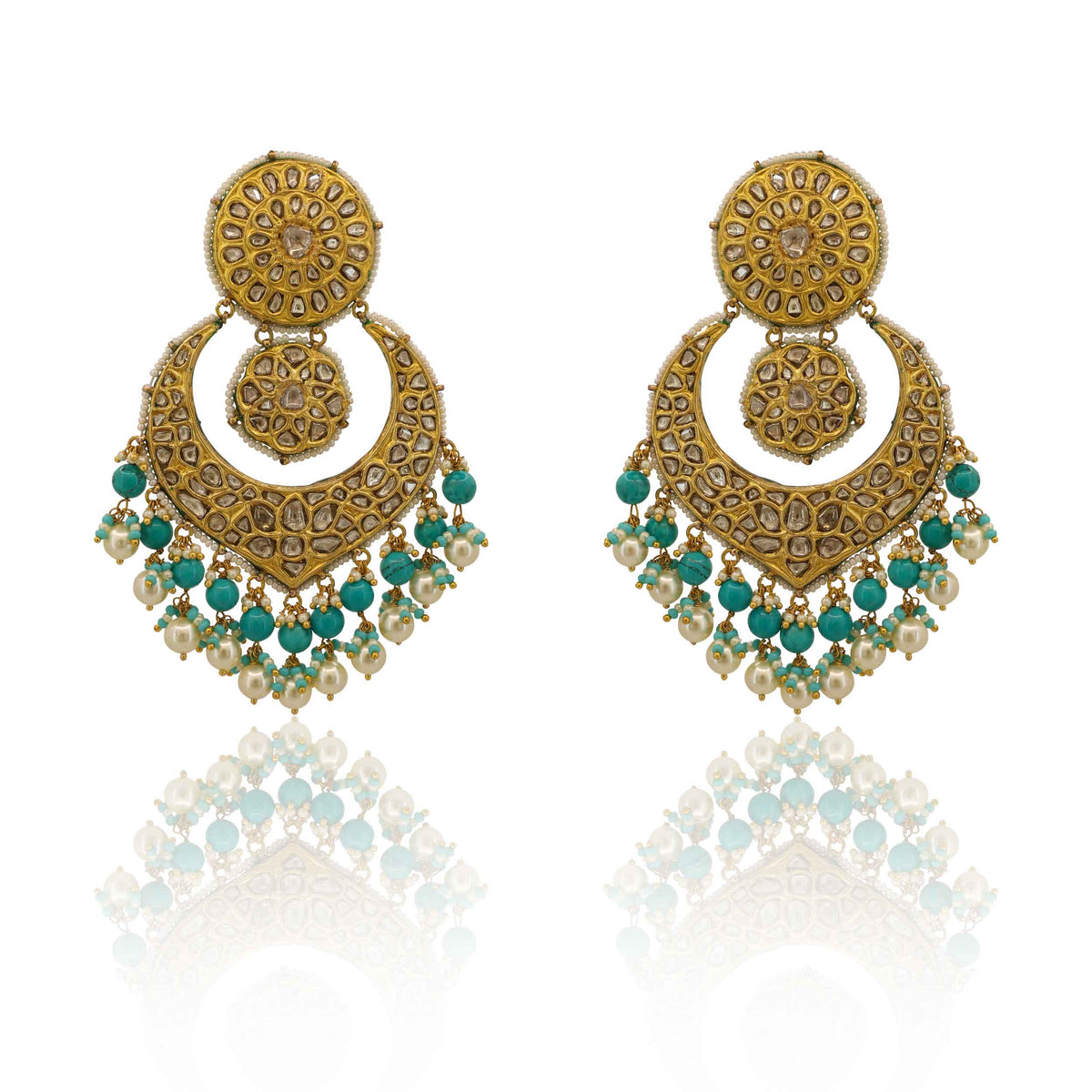 Shehnai Turquoise & Pearl Polki Chandbali