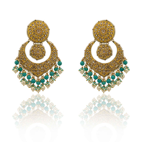 Shehnai Turquoise & Pearl Polki Chandbali