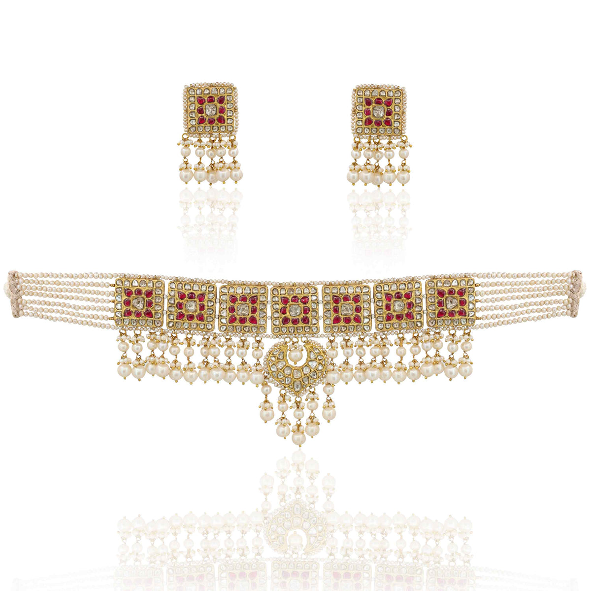 Red Grace Bridal Polki Choker Necklace Set (91.6 Hallmark)