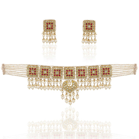 Red Grace Bridal Polki Choker Necklace Set (91.6 Hallmark)