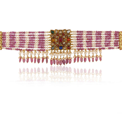 Navratna Polki Diamond & Multi-Strand Ruby Pearl Choker Necklace