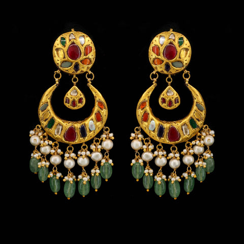 Colorful Navratna & Emerald Drop Earrings Chandbaali