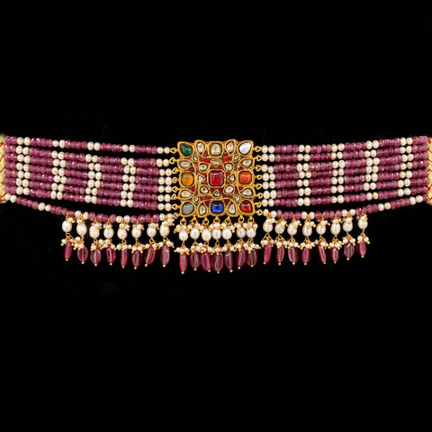 Navratna Polki Diamond & Multi-Strand Ruby Pearl Choker Necklace
