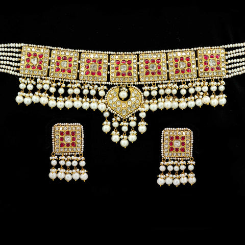 Red Grace Bridal Polki Choker Necklace Set (91.6 Hallmark)