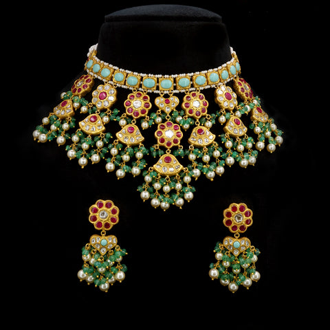 Royal Turquoise & Ruby Syndicate Polki Diamond Necklace Set in Gold with Seed Pearl Strands
