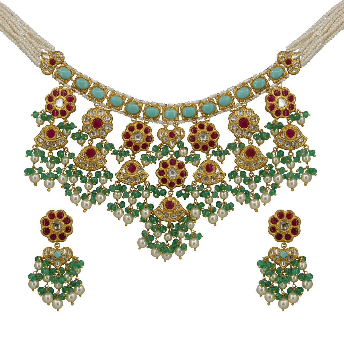 Royal Turquoise & Ruby Syndicate Polki Diamond Necklace Set in Gold with Seed Pearl Strands
