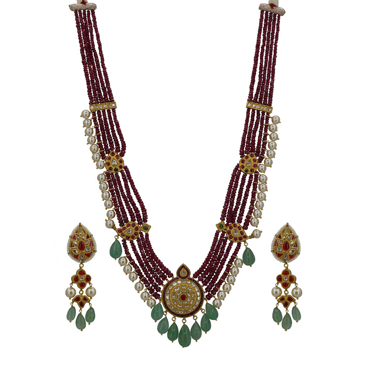 Vintage-Inspired Polki & Ruby Multi-String Necklace Set with Emerald Drops