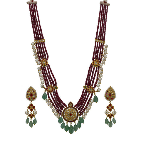 Vintage-Inspired Polki & Ruby Multi-String Necklace Set with Emerald Drops