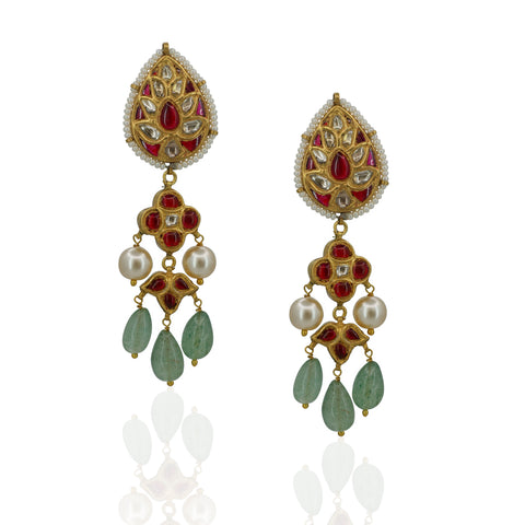 Vintage-Inspired Polki & Ruby Multi-String Necklace Set with Emerald Drops