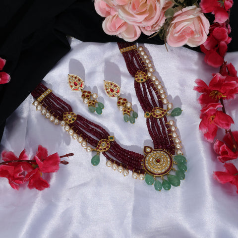 Vintage-Inspired Polki & Ruby Multi-String Necklace Set with Emerald Drops