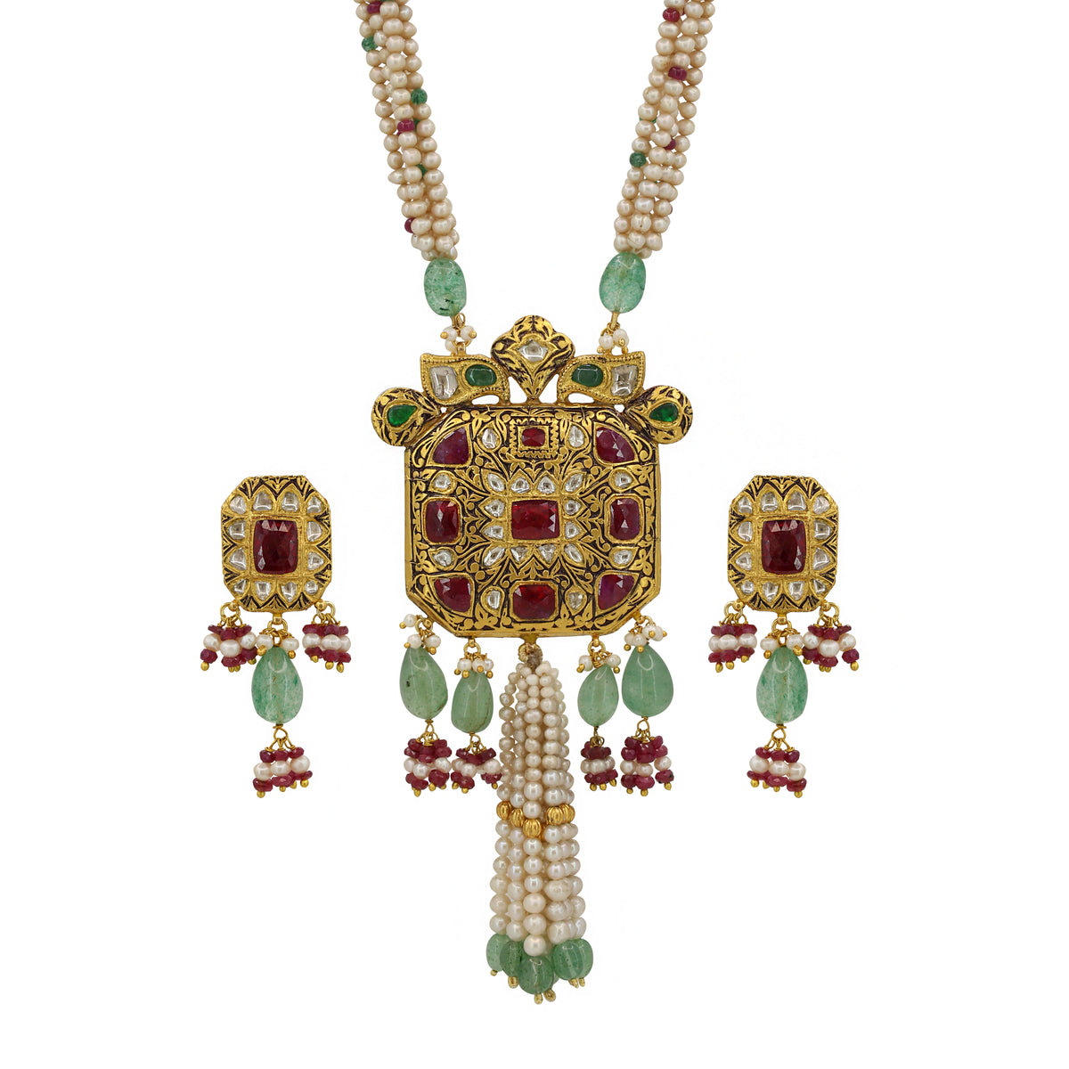 Traditional Syndicate Polki and Ruby Gold Pendant Set with Pearl Strings