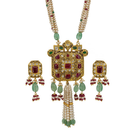 Traditional Syndicate Polki and Ruby Gold Pendant Set with Pearl Strings
