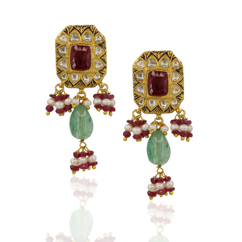 Traditional Syndicate Polki and Ruby Gold Pendant Set with Pearl Strings