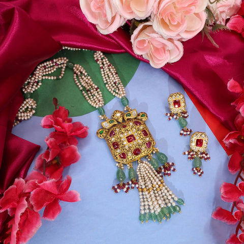 Traditional Syndicate Polki and Ruby Gold Pendant Set with Pearl Strings