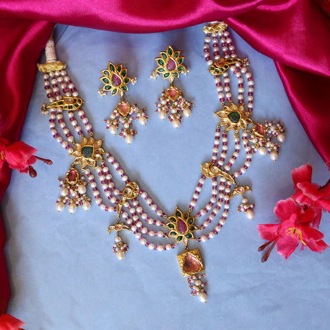 Polki & Gemstone Festoon Necklace Set with Seed Pearl Strands
