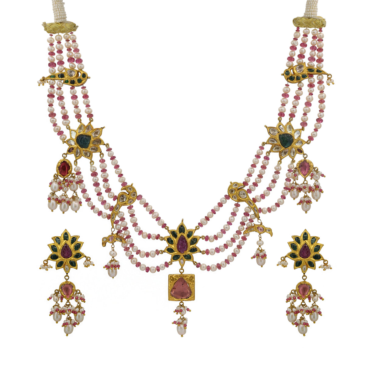Polki & Gemstone Festoon Necklace Set with Seed Pearl Strands