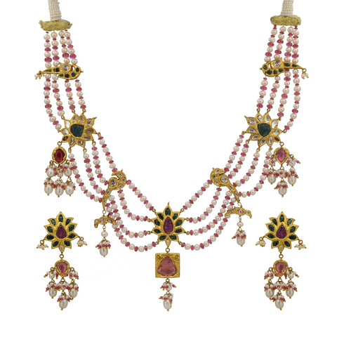 Polki & Gemstone Festoon Necklace Set with Seed Pearl Strands