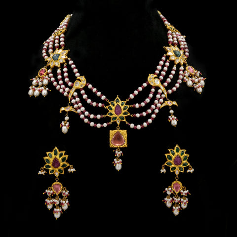 Polki & Gemstone Festoon Necklace Set with Seed Pearl Strands