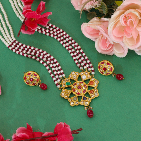 Imperial Navratna & Polki Diamond Floral Pendant Set