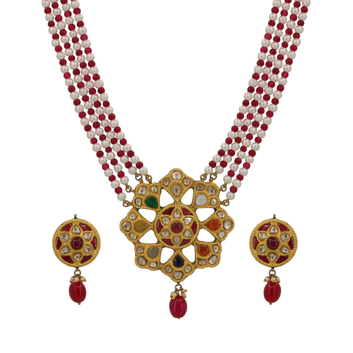 Imperial Navratna & Polki Diamond Floral Pendant Set