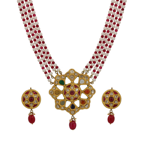 Imperial Navratna & Polki Diamond Floral Pendant Set